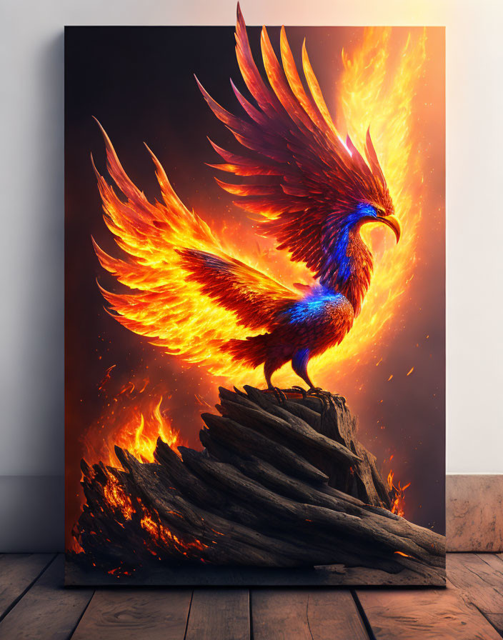 Colorful Phoenix Artwork with Fiery Wings on Wooden Debris Amid Flames