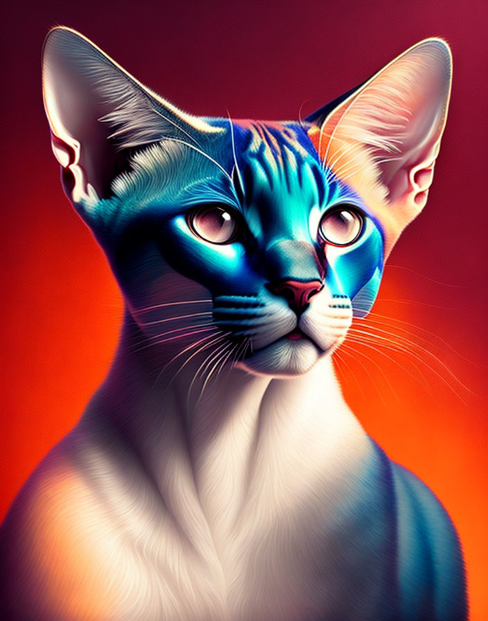 Colorful split-face cat digital art in blue and natural tones on red background