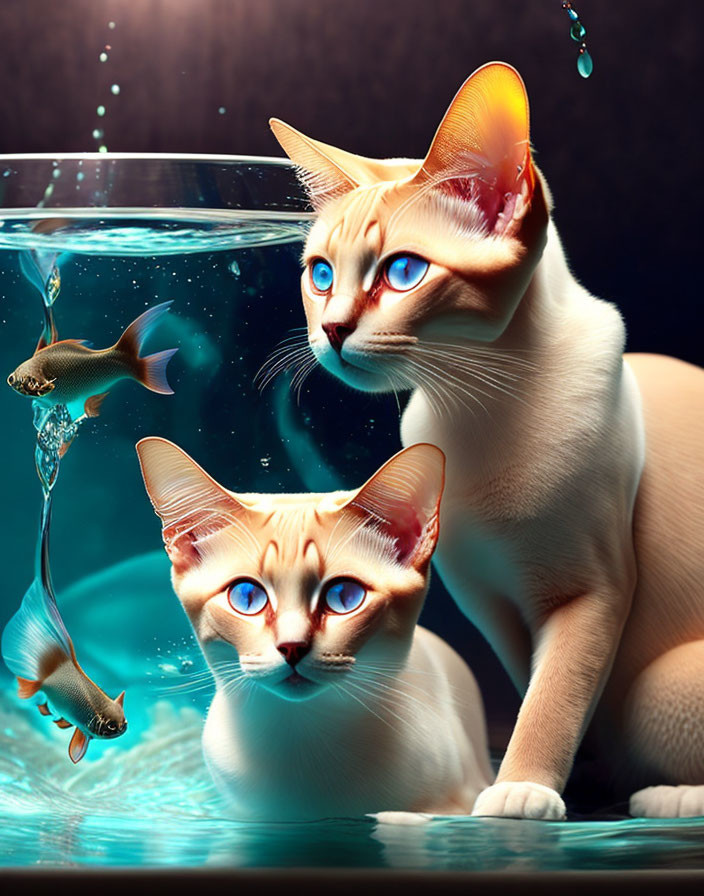 Two cats with blue eyes watching fish jump out of water glass.