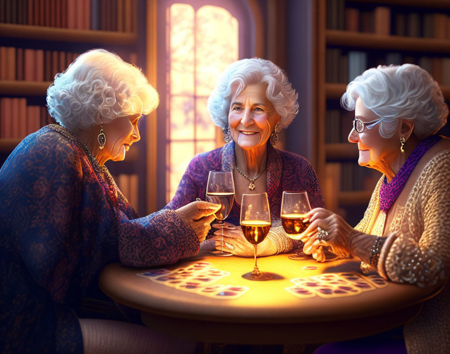 Elderly Women Toasting with Wine in Cozy Book-Filled Room