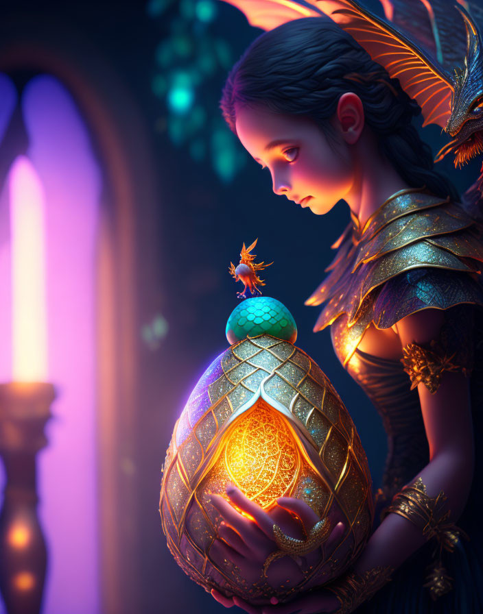 Mystical fairy with dragon-like wings holding glowing ornate egg in magical setting