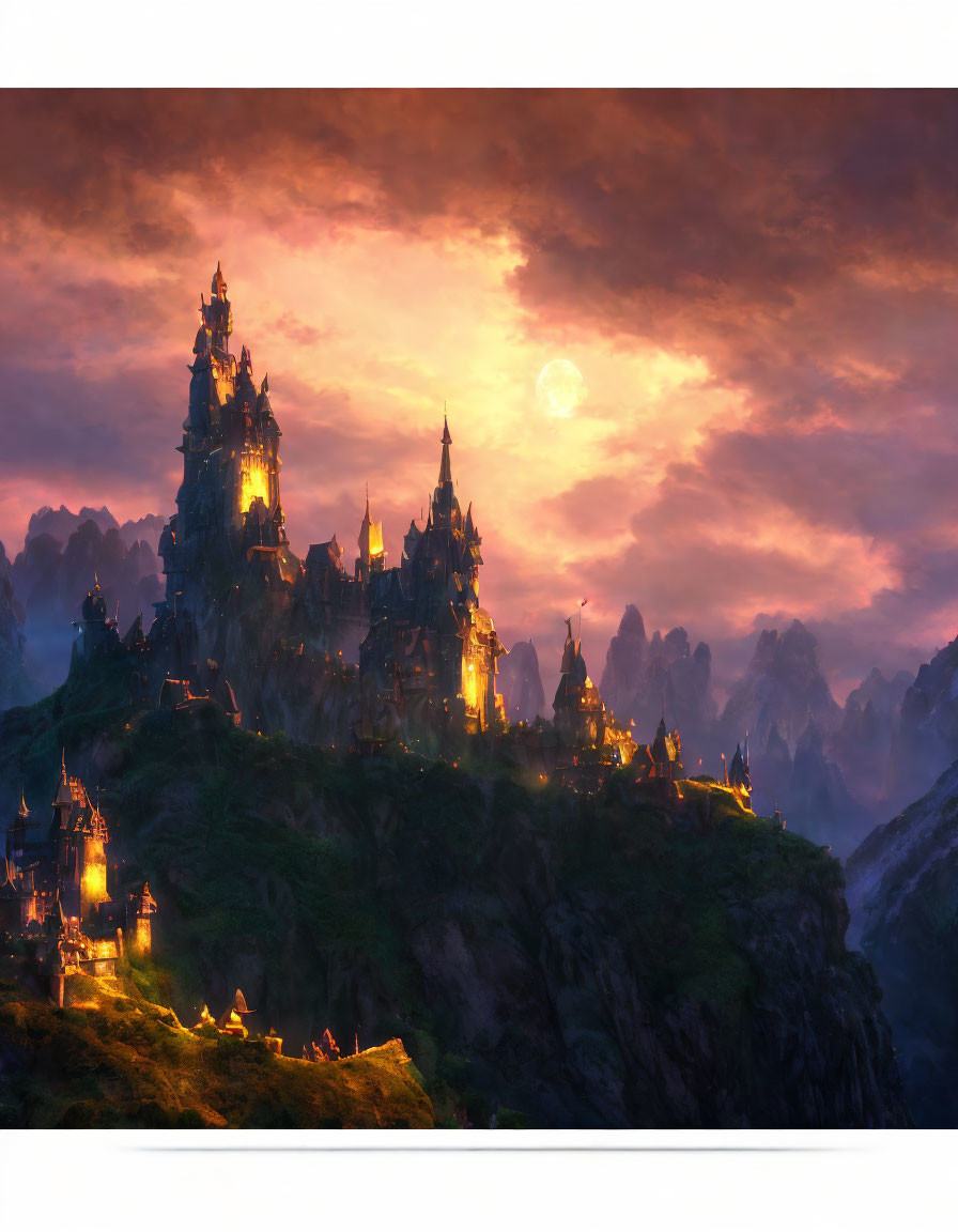 Majestic castle on craggy peaks at sunset with glowing moon