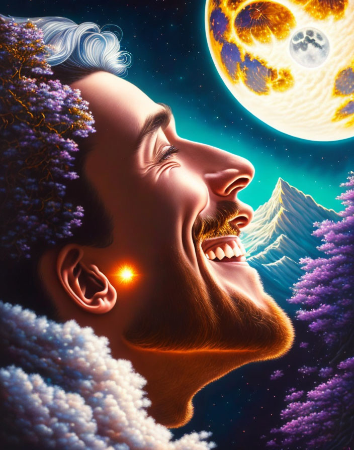 Smiling man portrait with nature and cosmos elements integrated