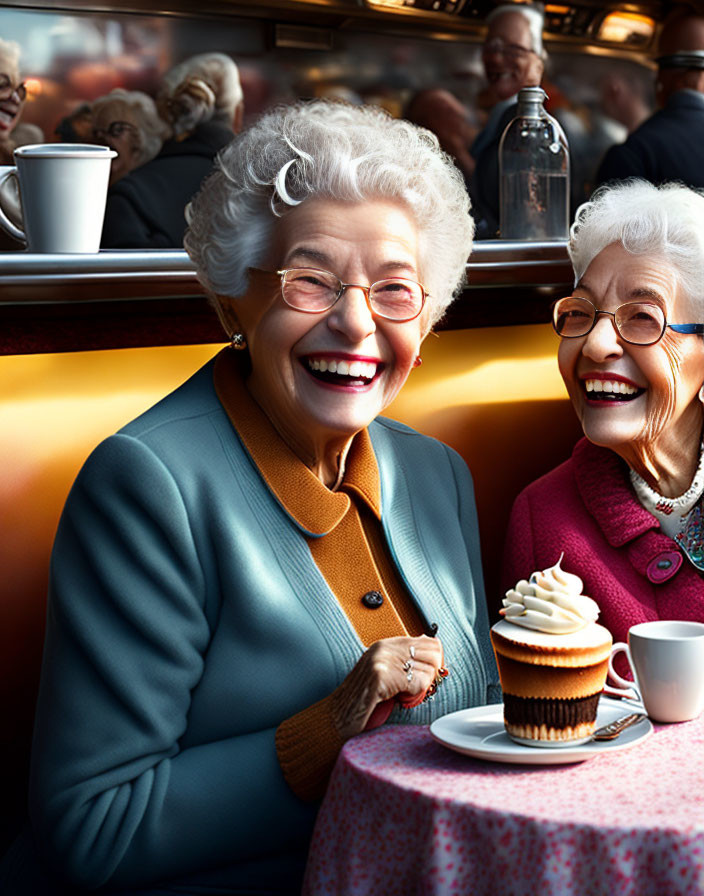 Elderly women in blue and pink cardigans laughing at cafe with cupcake