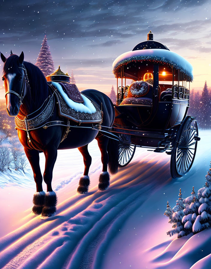 Festive horse-drawn carriage in snowy twilight scene