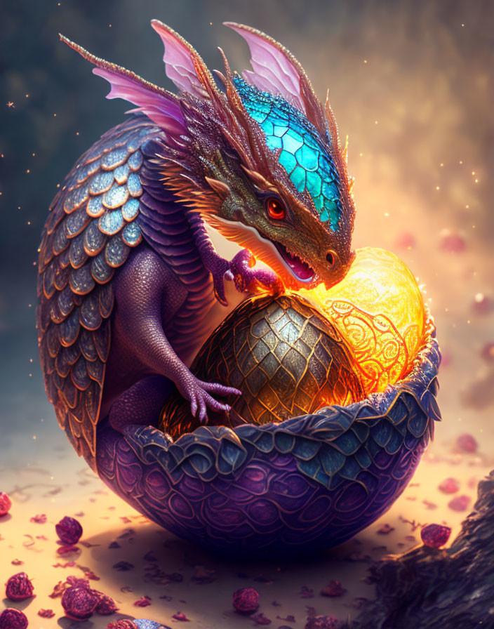 Purple and Blue Dragon Hatchling with Golden Orb in Eggshell on Fairy-Tale Background