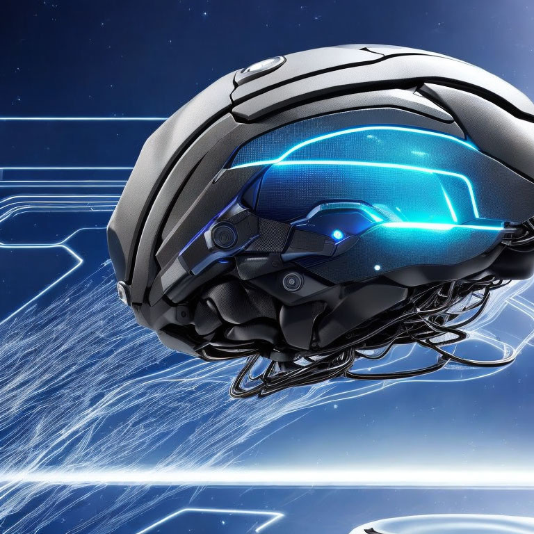 Futuristic black and white helmet with glowing blue visor and intricate wiring on blue circuitry background