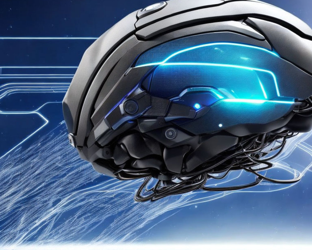 Futuristic black and white helmet with glowing blue visor and intricate wiring on blue circuitry background