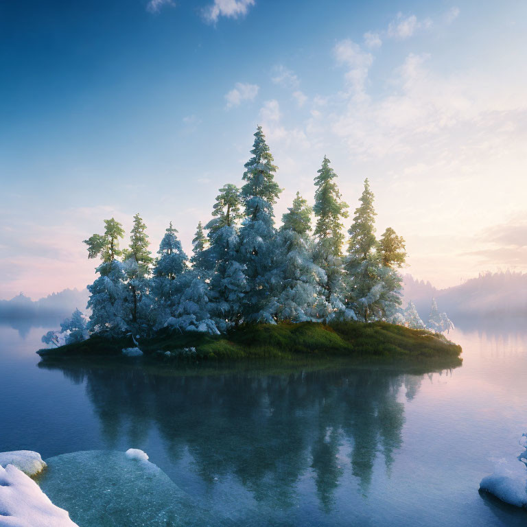 Snow-covered winter island with tranquil waters and sunrise reflections.