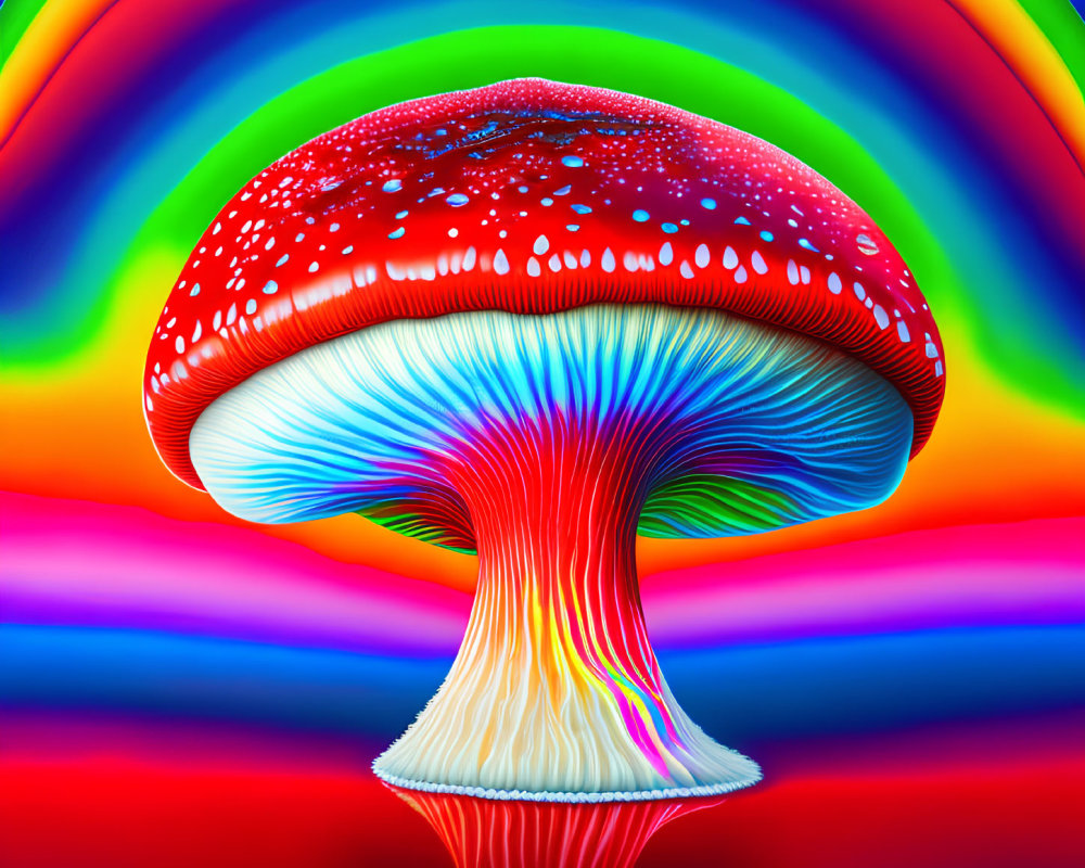 Colorful digital artwork of red-capped mushroom on vibrant backdrop