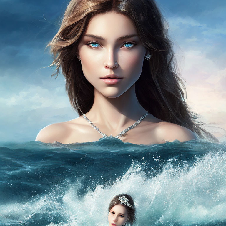 Woman's portrait with blue eyes and ocean wave reflection.