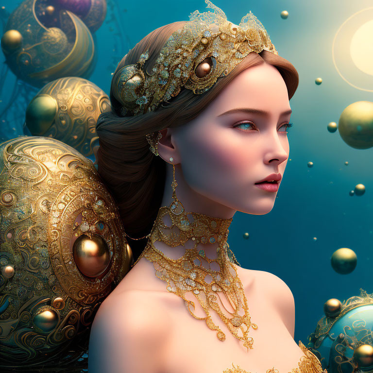 Fantasy digital artwork of woman with golden headpiece and jewelry