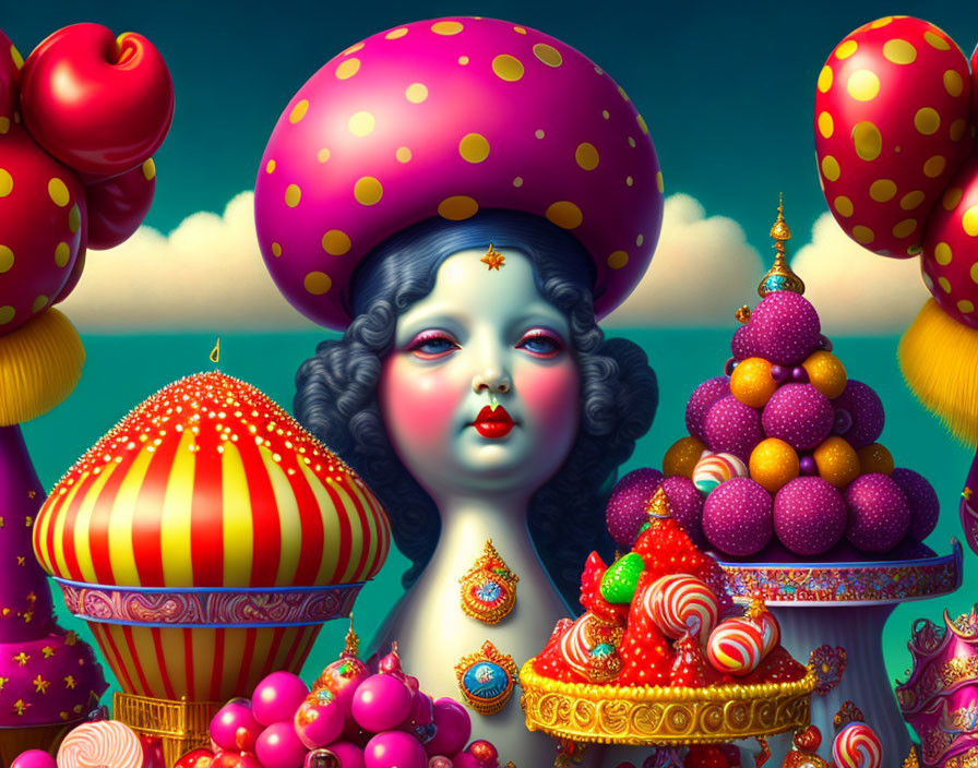 Colorful Character with Blue Hair and Red Lips in Whimsical Candy Land