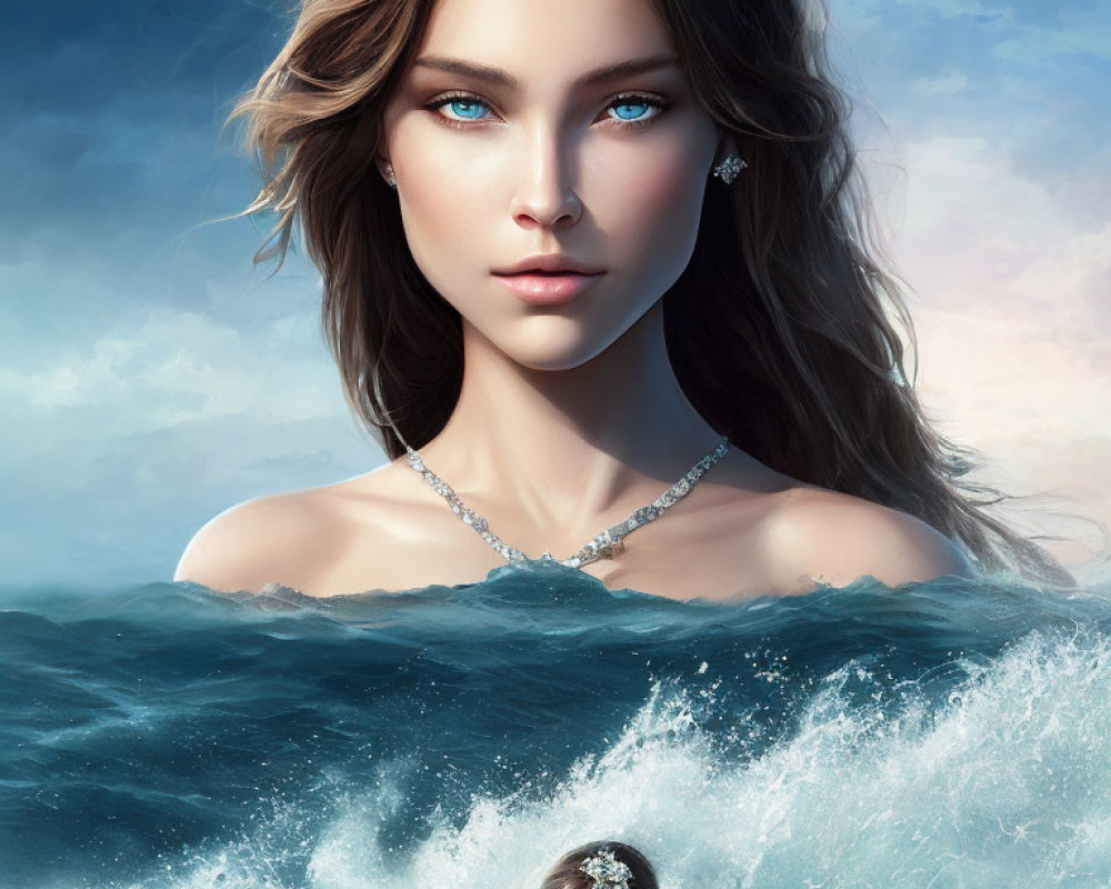Woman's portrait with blue eyes and ocean wave reflection.