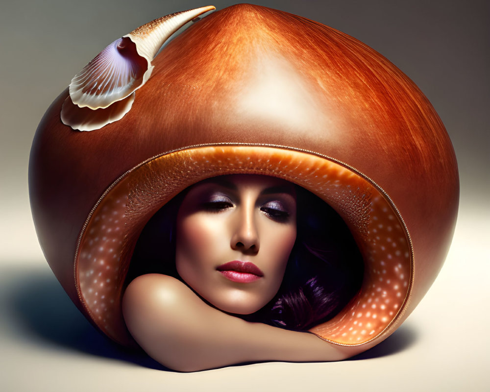 Woman's Face in Large Seashell Resembles Pearl on Neutral Background