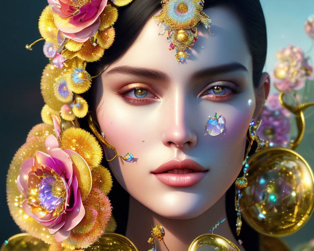 3D portrait of woman with golden floral jewelry and serene expression