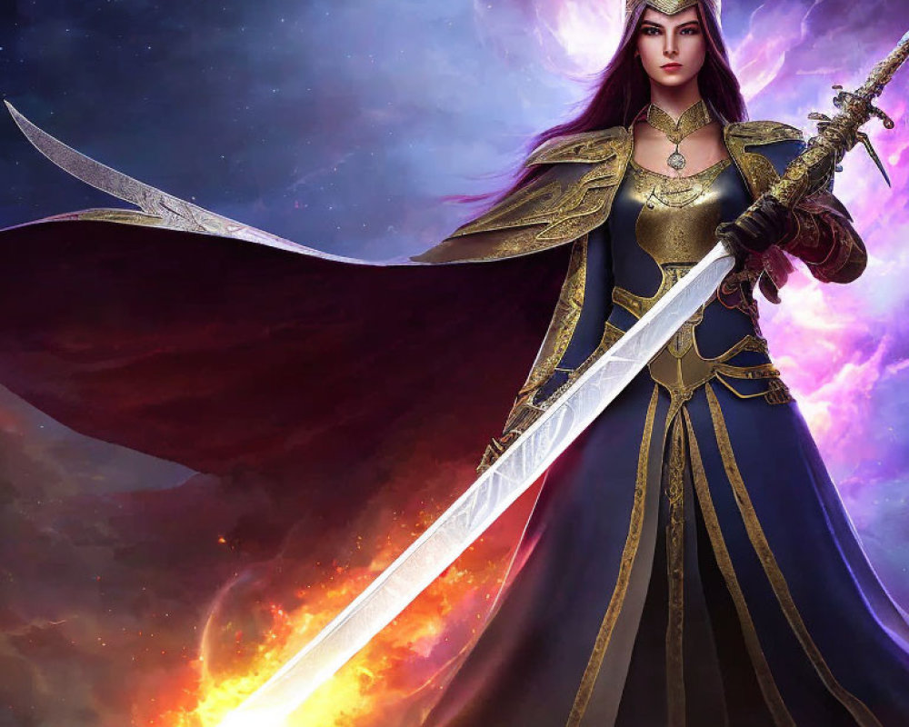 Female Warrior in Ornate Armor with Flaming Sword in Cosmic Nebula