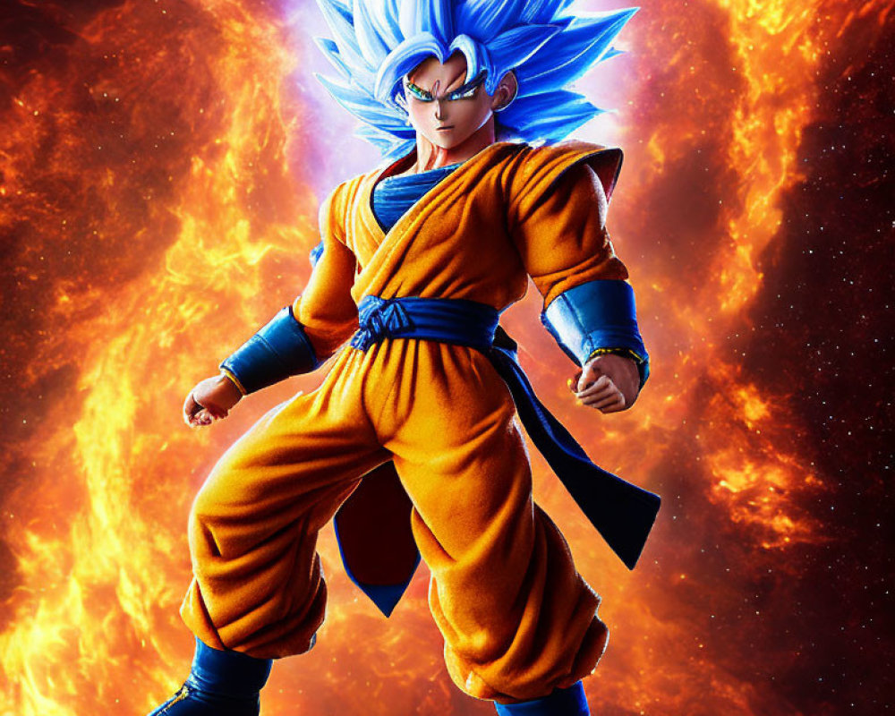 Spiky Blue-Haired Animated Character in Orange Martial Arts Suit against Fiery Background