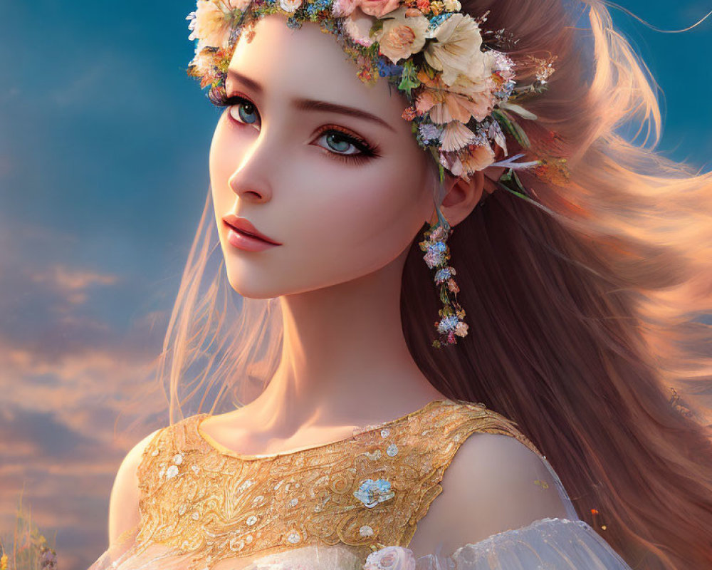 Digital Artwork: Woman with Floral Crown and Ornate Dress in Twilight Sky