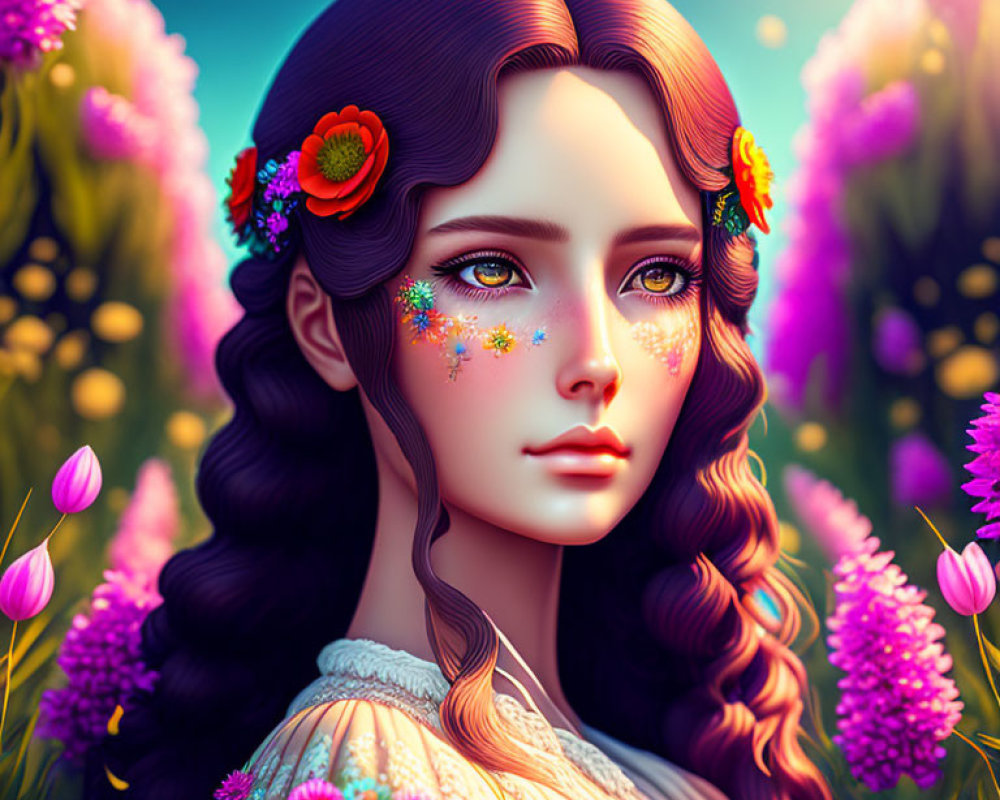 Digital Artwork: Woman with Wavy Hair and Floral Background
