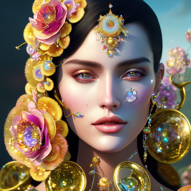 3D portrait of woman with golden floral jewelry and serene expression