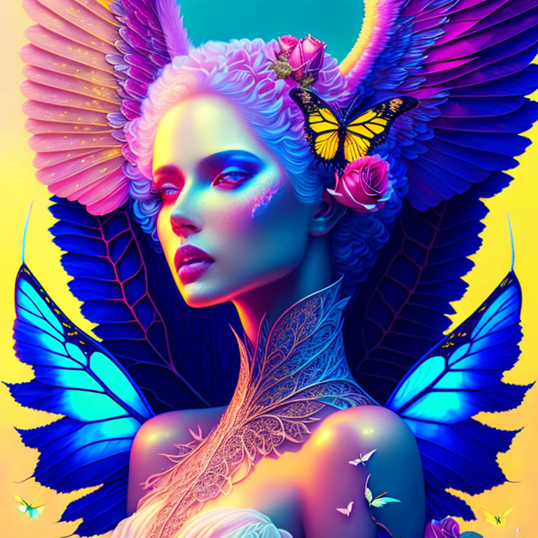 Fantasy-themed digital artwork of woman with butterfly wings and feathers.