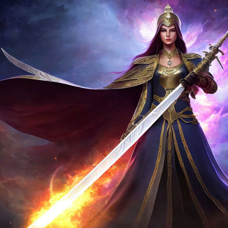 Female Warrior in Ornate Armor with Flaming Sword in Cosmic Nebula