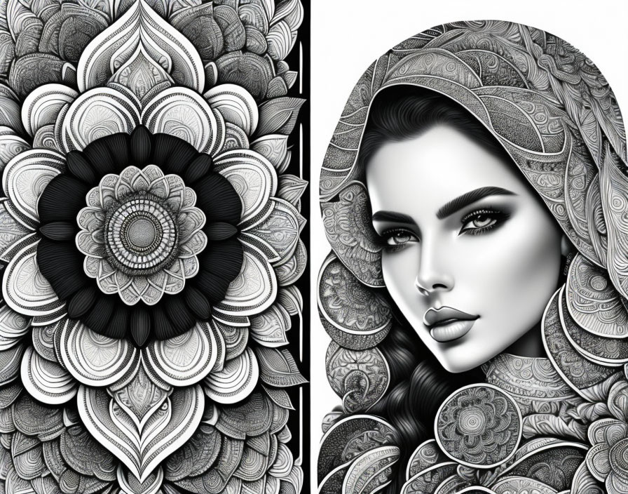 Detailed black and white mandala pattern with woman's portrait and floral hair designs