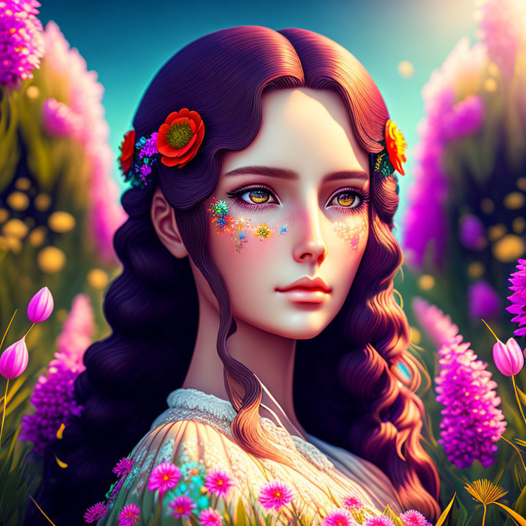 Digital Artwork: Woman with Wavy Hair and Floral Background