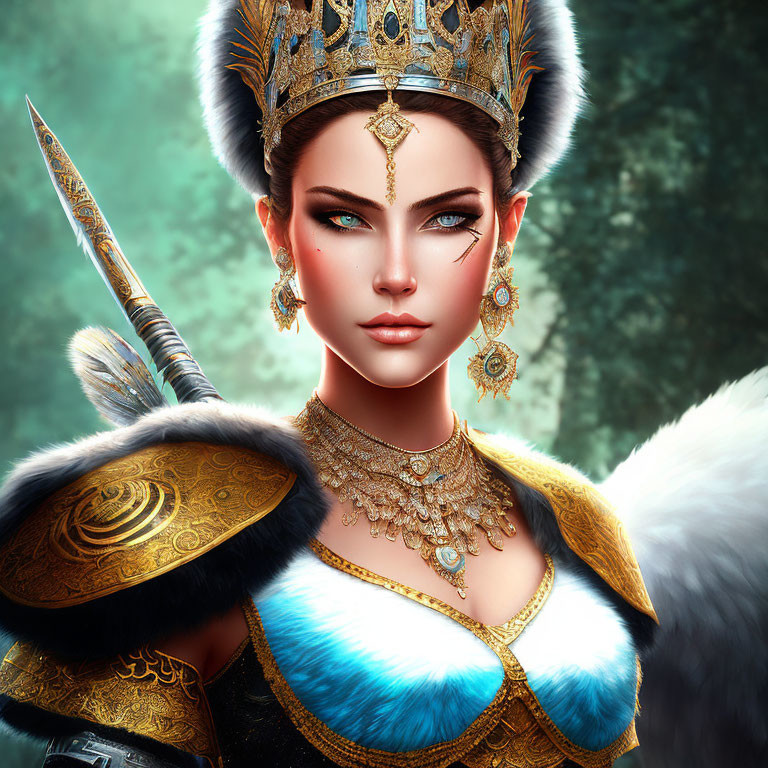 Regal woman with green eyes, golden crown, fur shoulders, and spear.