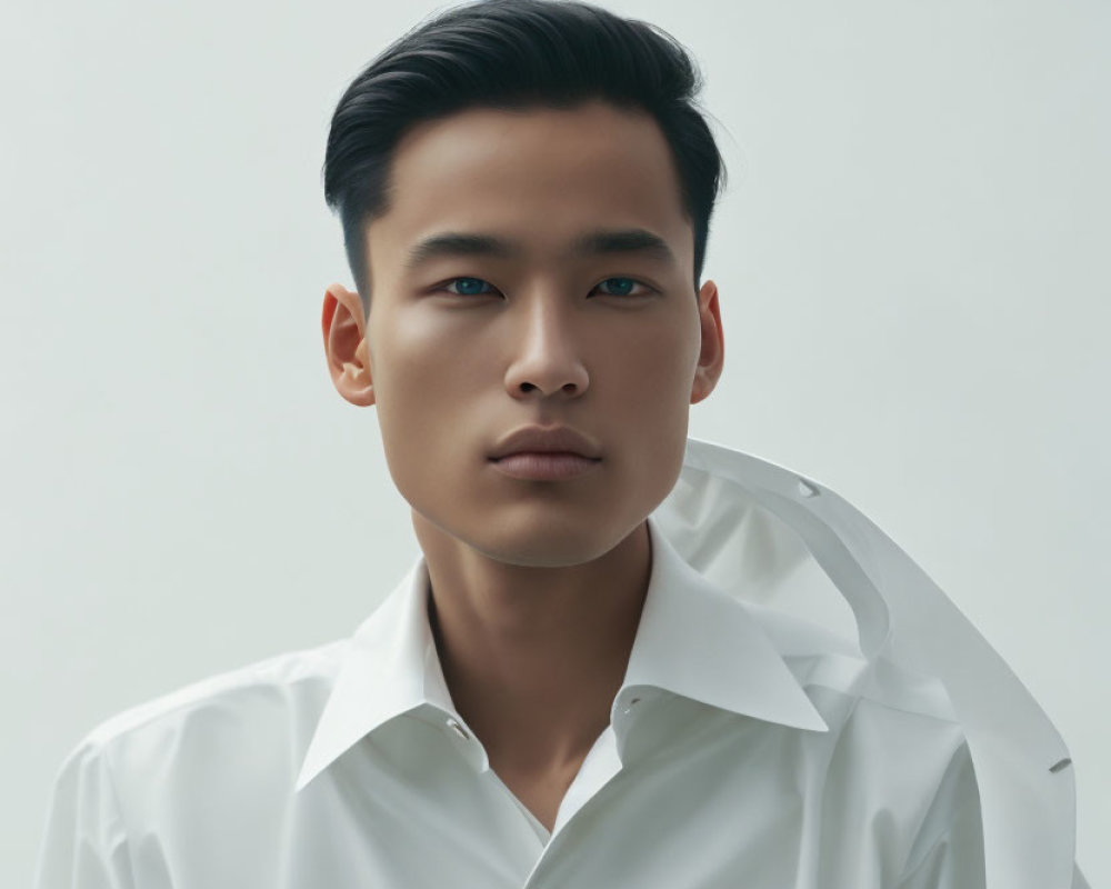 Intense-eyed young man in white shirt on light background
