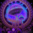 Glowing purple spotted mushrooms on dark background with floating spores