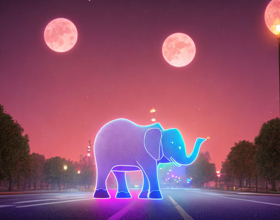 Semi-transparent glowing elephant on road under twilight sky