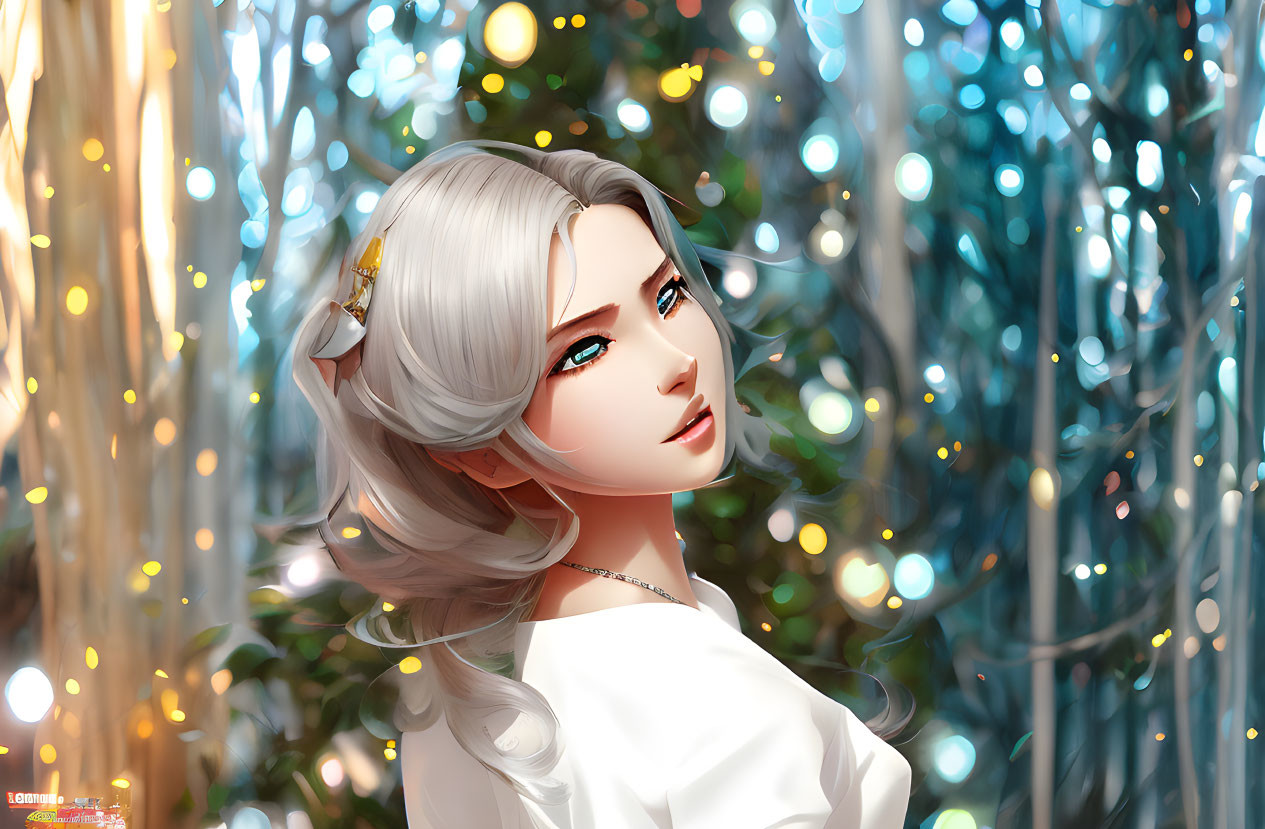 Silver-haired woman with blue eyes in dreamy forest scene.