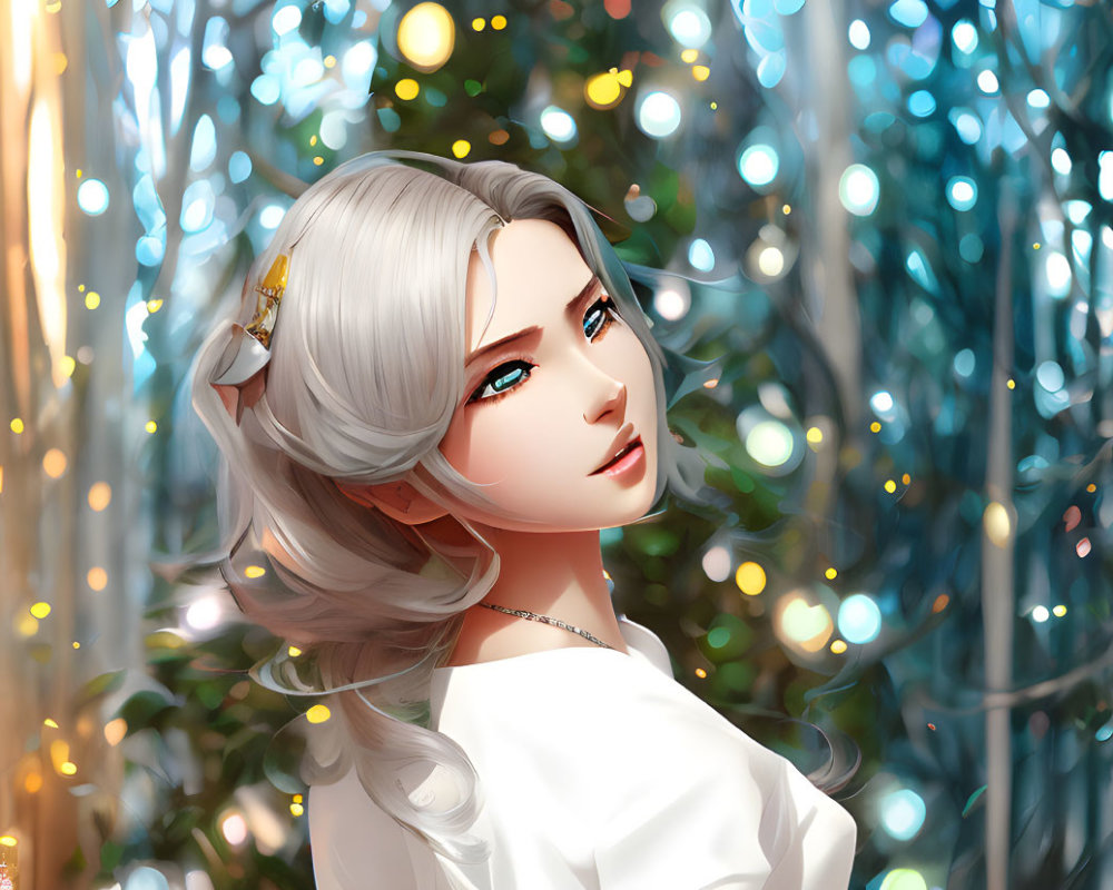 Silver-haired woman with blue eyes in dreamy forest scene.