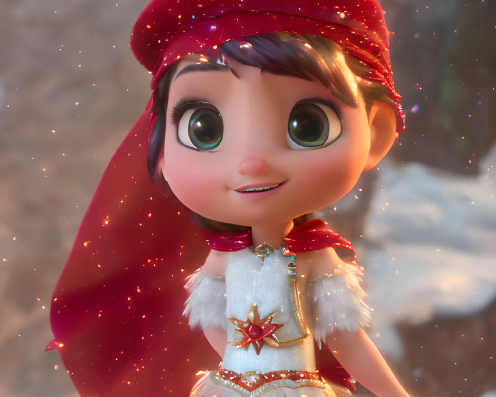Snowy Scene Animated Character with Red Hood and Sparkly Outfit