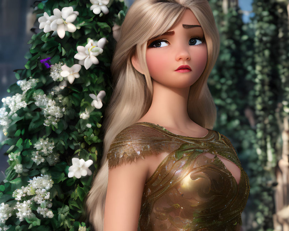 Blonde woman in golden dress by blossoming vine and castle