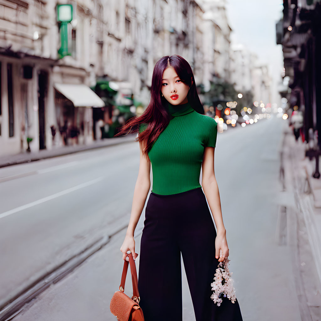Young woman with long hair in green top and black pants on city street at dusk