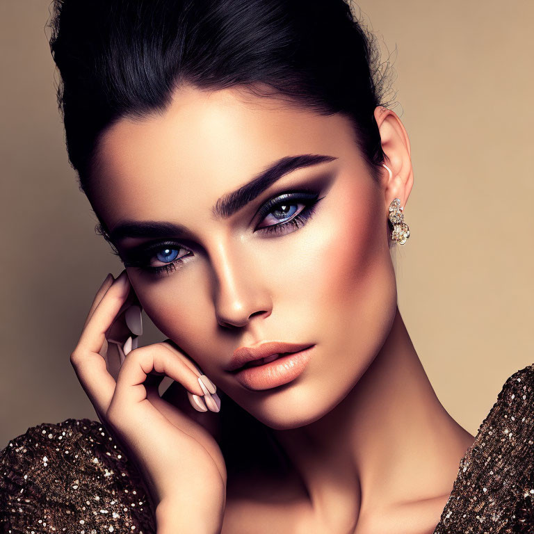 Striking blue-eyed woman in bold makeup and gold dress with winged eyeliner