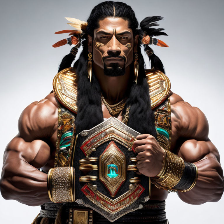Muscular animated character with tribal features and ornate accessories