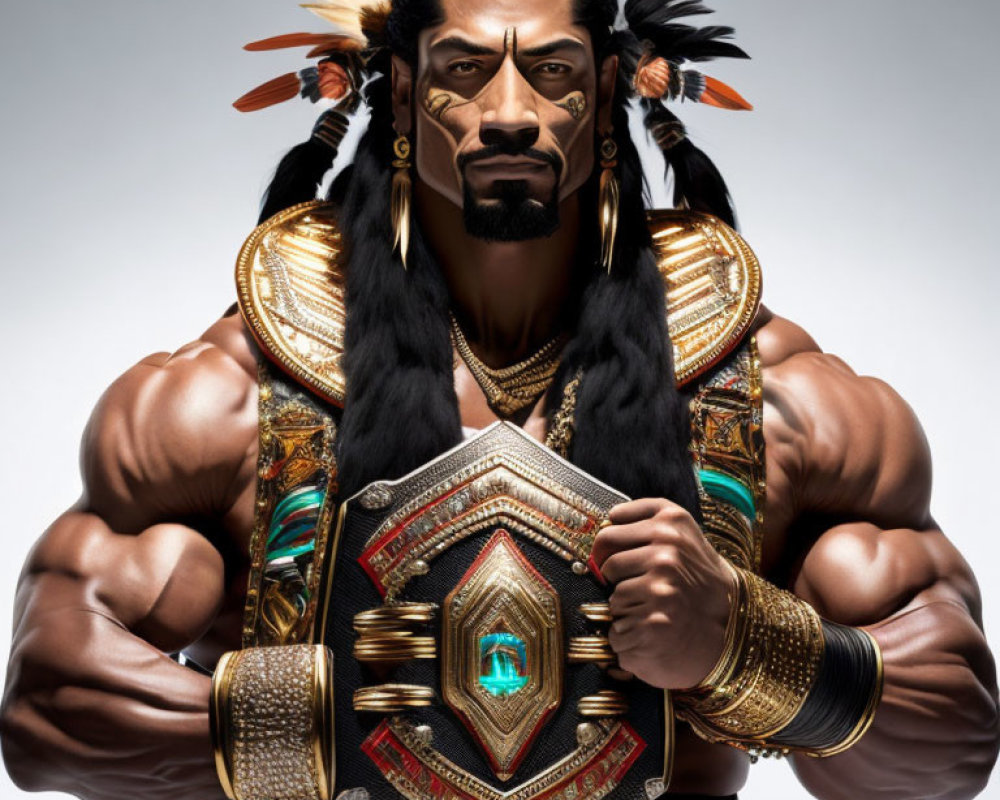 Muscular animated character with tribal features and ornate accessories