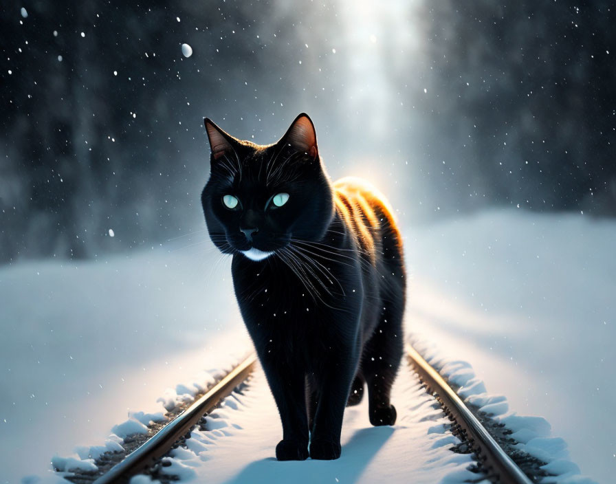Black Cat with Green Eyes Walking on Snowy Railroad Tracks in Falling Snow