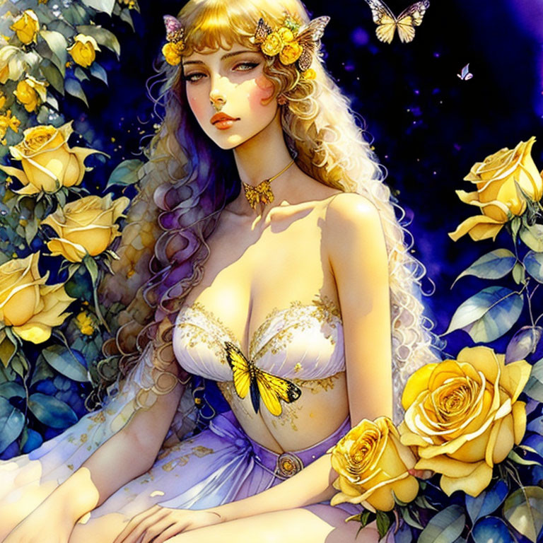 Illustrated female figure with wavy hair, yellow dress, flowers, roses, and butterflies