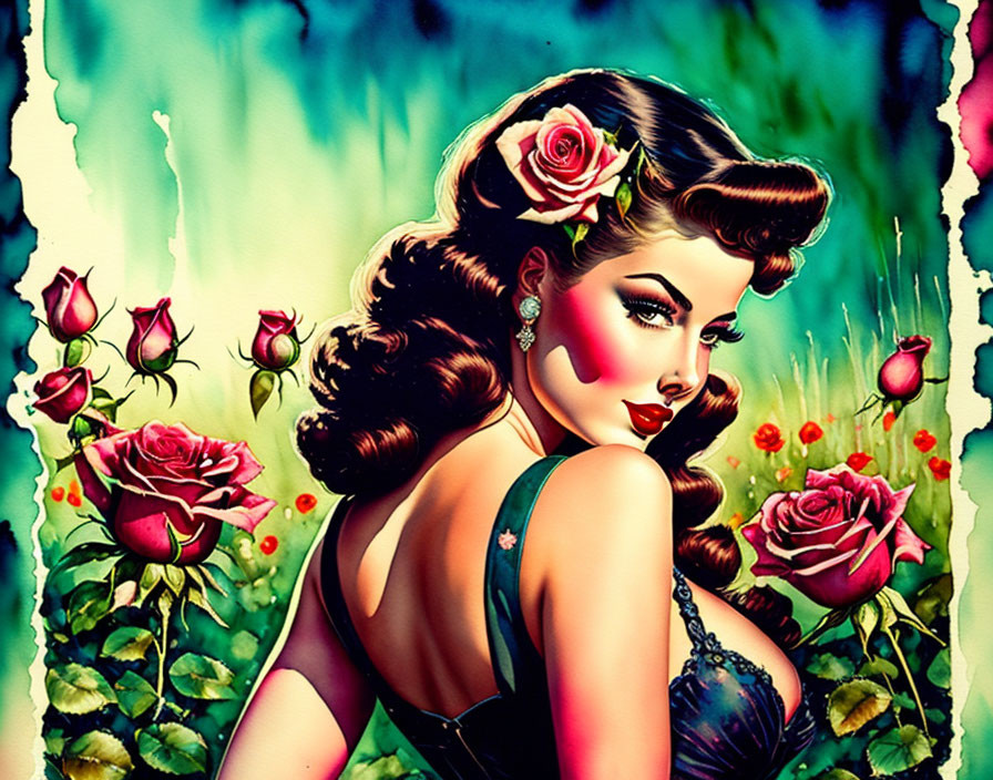 Vintage-style illustration of woman with roses in hair & pin-up aesthetic