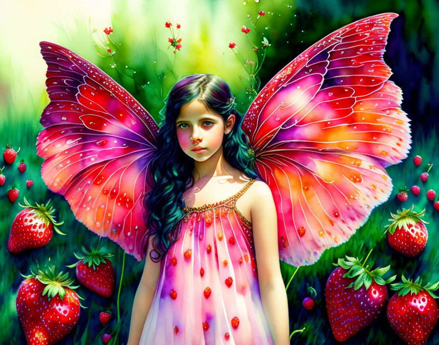 Colorful Illustration: Girl with Butterfly Wings in Strawberry Garden