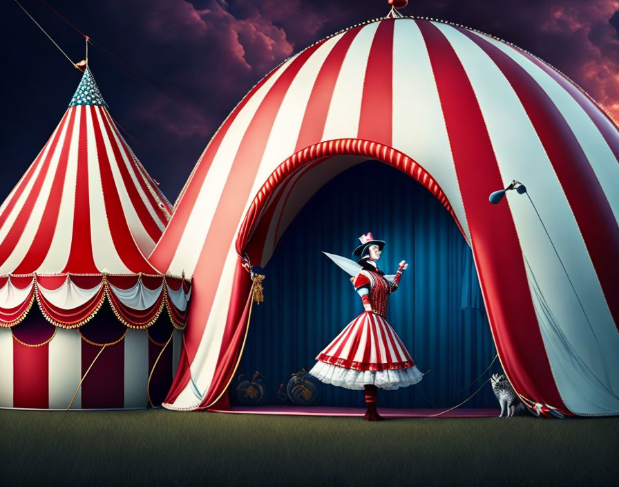 Striped red and white costume performer at circus tent with top hat and baton