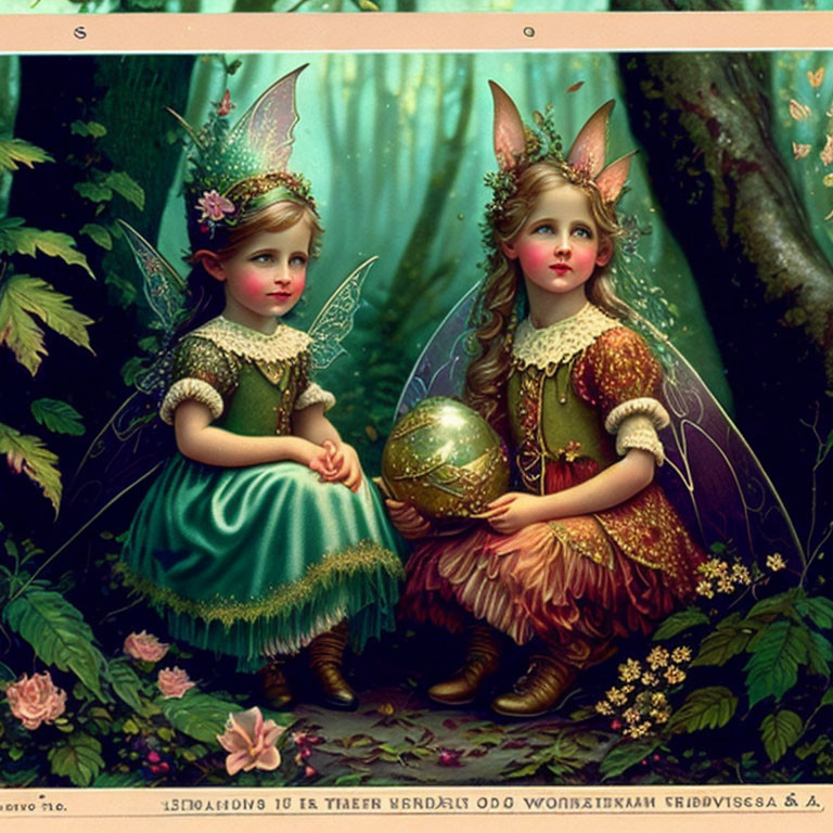 Illustrated fairy children with wings holding a golden orb in medieval dresses.