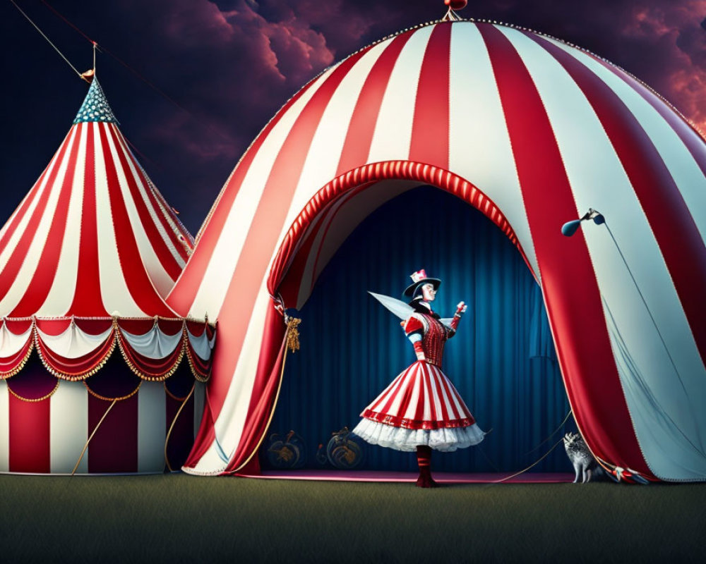 Striped red and white costume performer at circus tent with top hat and baton