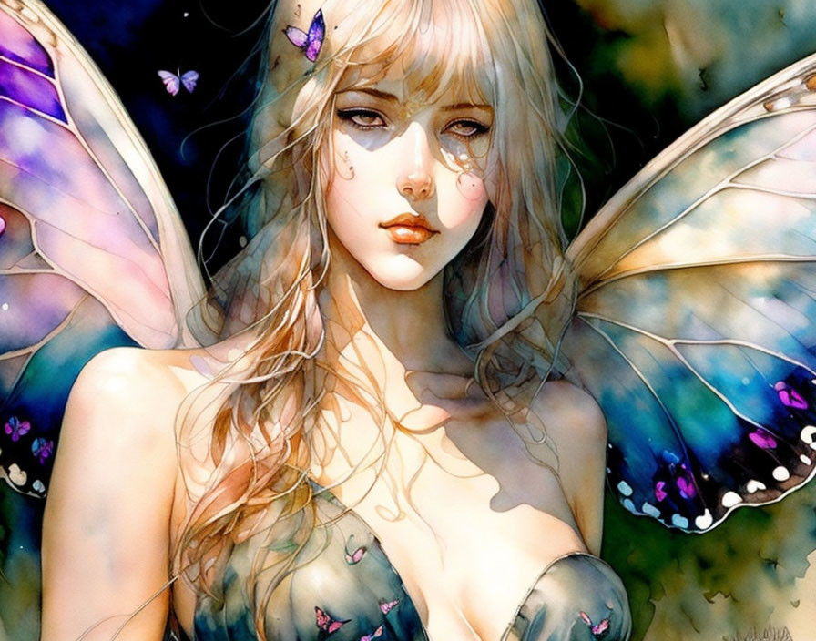 Delicate fairy surrounded by butterflies in vibrant colors