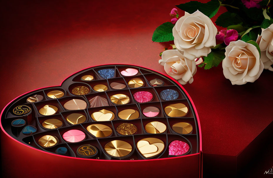 Heart-shaped box with assorted chocolates and white roses on red background